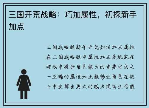 三国开荒战略：巧加属性，初探新手加点